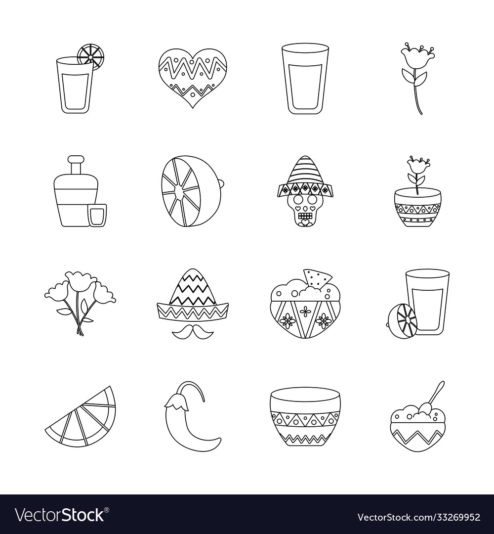 Icon set lemon slice and mexican culture line