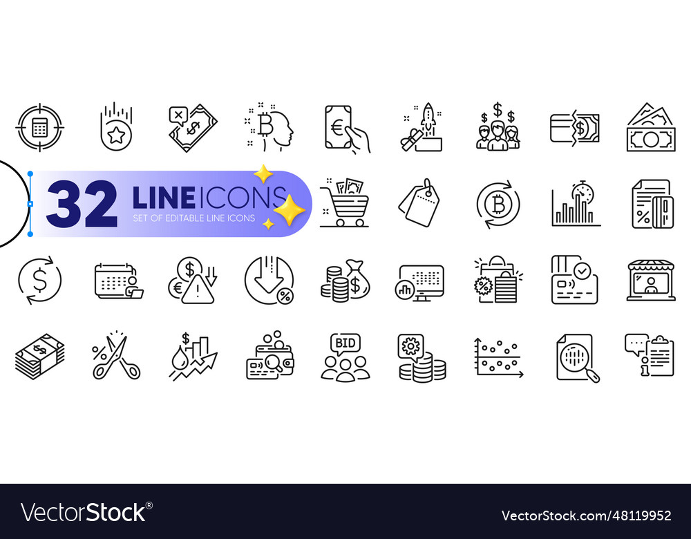 Outline set of report timer auction and inspect vector image Outline set of report timer auction and inspect