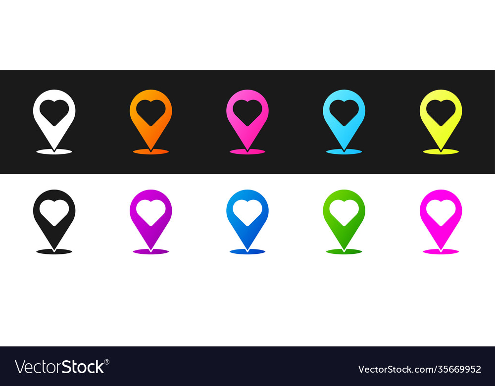 Set map pointer with heart icon isolated on black vector image Set map pointer with heart icon isolated on black