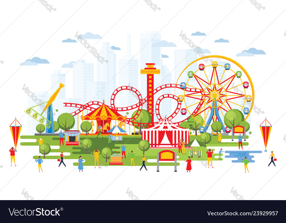 Amusement park with carousels in cartoon style Vector Image