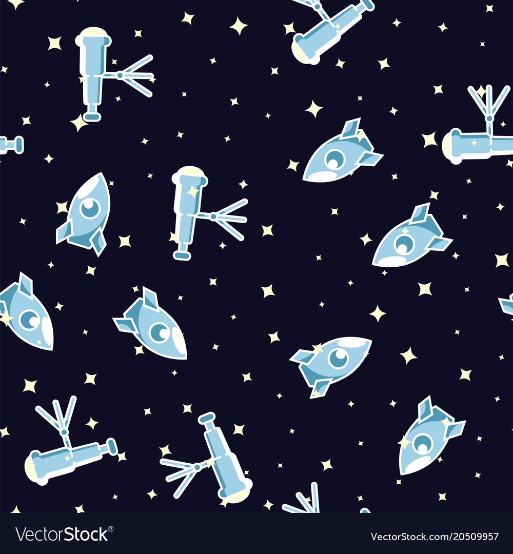 Cosmic pattern space rocket and telescope on dark