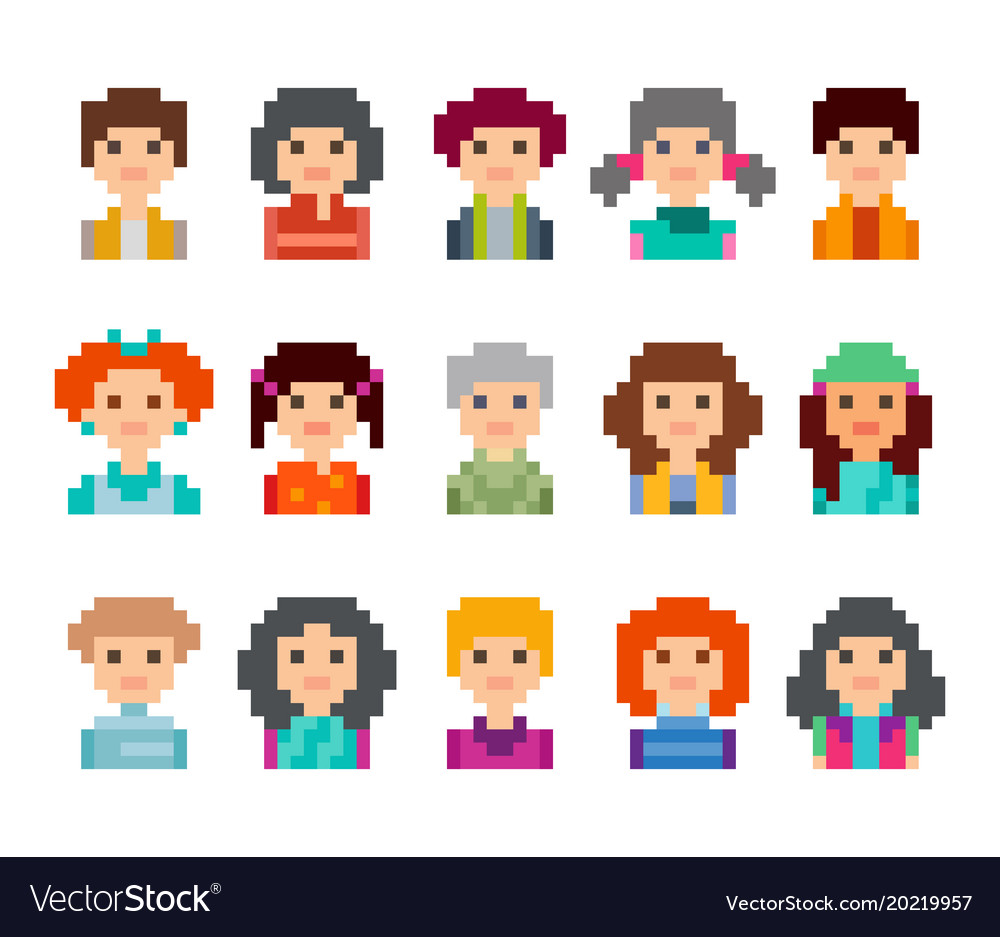 Pixel Art Style Cartoon Avatar Faces Royalty Free Vector