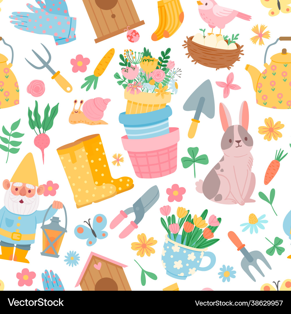 Spring seamless pattern garden tool elements Vector Image