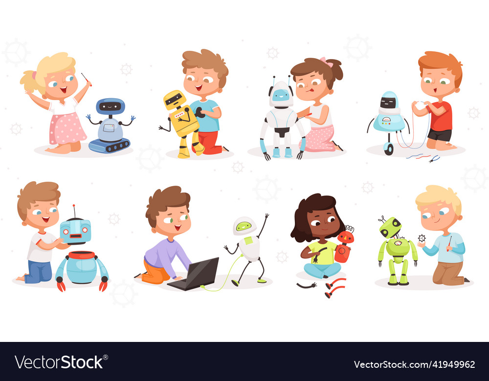 Kids robot programming future technology vector image Kids robot programming future technology