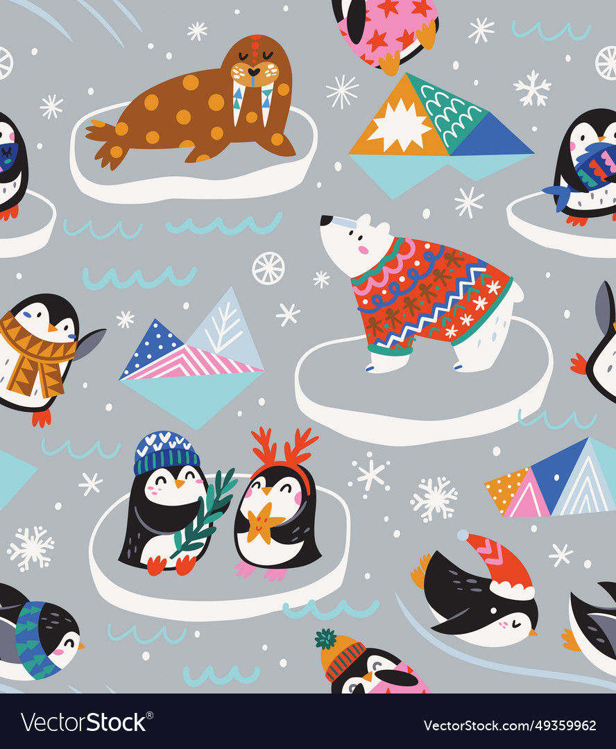 Seamless pattern with cute cartoon penguins polar Vector Image Seamless pattern with cute cartoon penguins polar