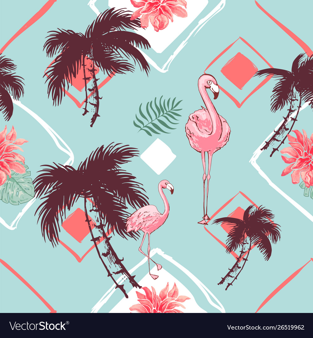 Seamless pattern with tropical trees flamingo vector image Seamless pattern with tropical trees flamingo