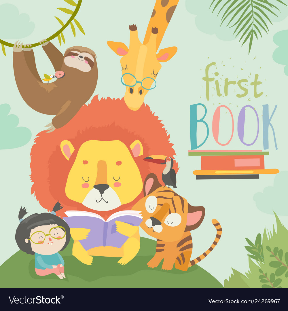 Little girl reading book with cartoon animal lion