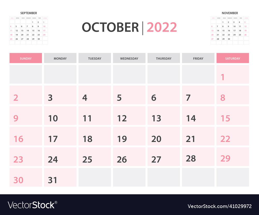 Calendar 2022 template-october layout Royalty Free Vector