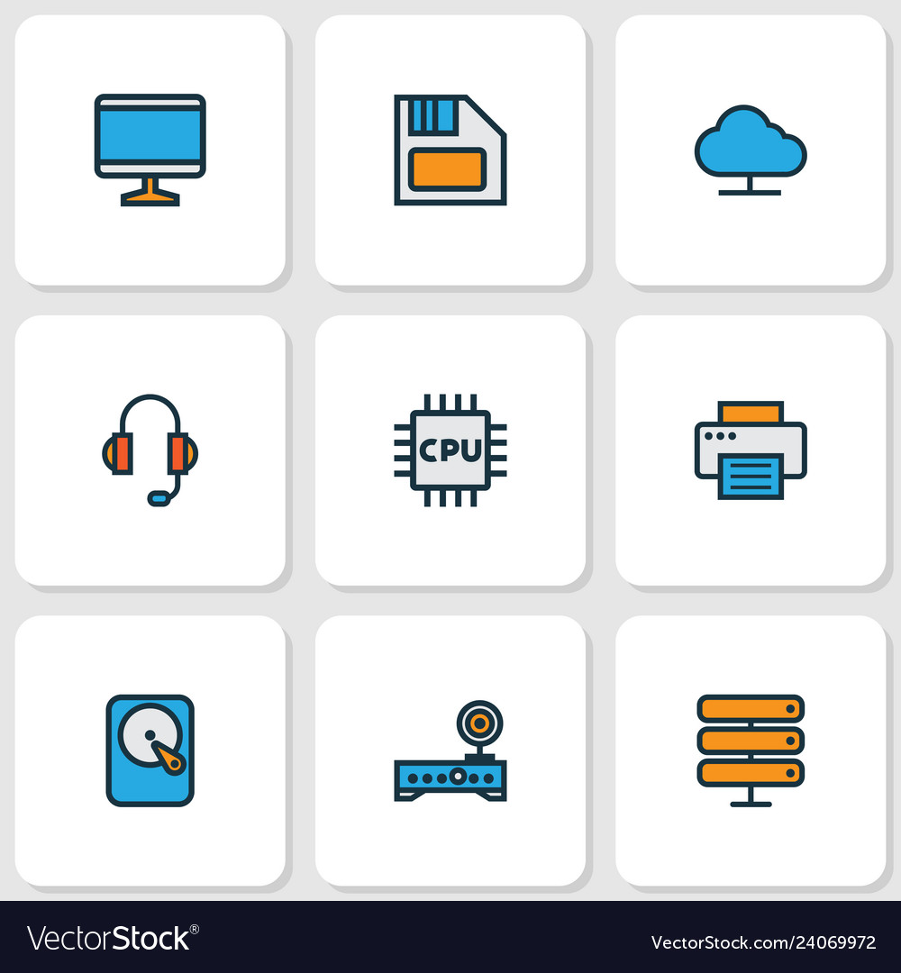 Computer icons colored line set with cpu printer vector image Computer icons colored line set with cpu printer