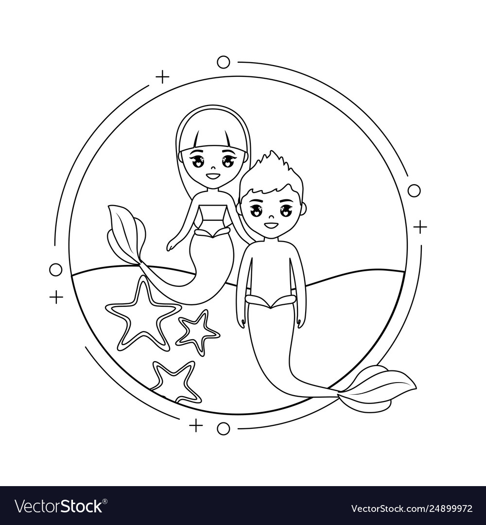 Cute couple mermaids with sea in frame circular