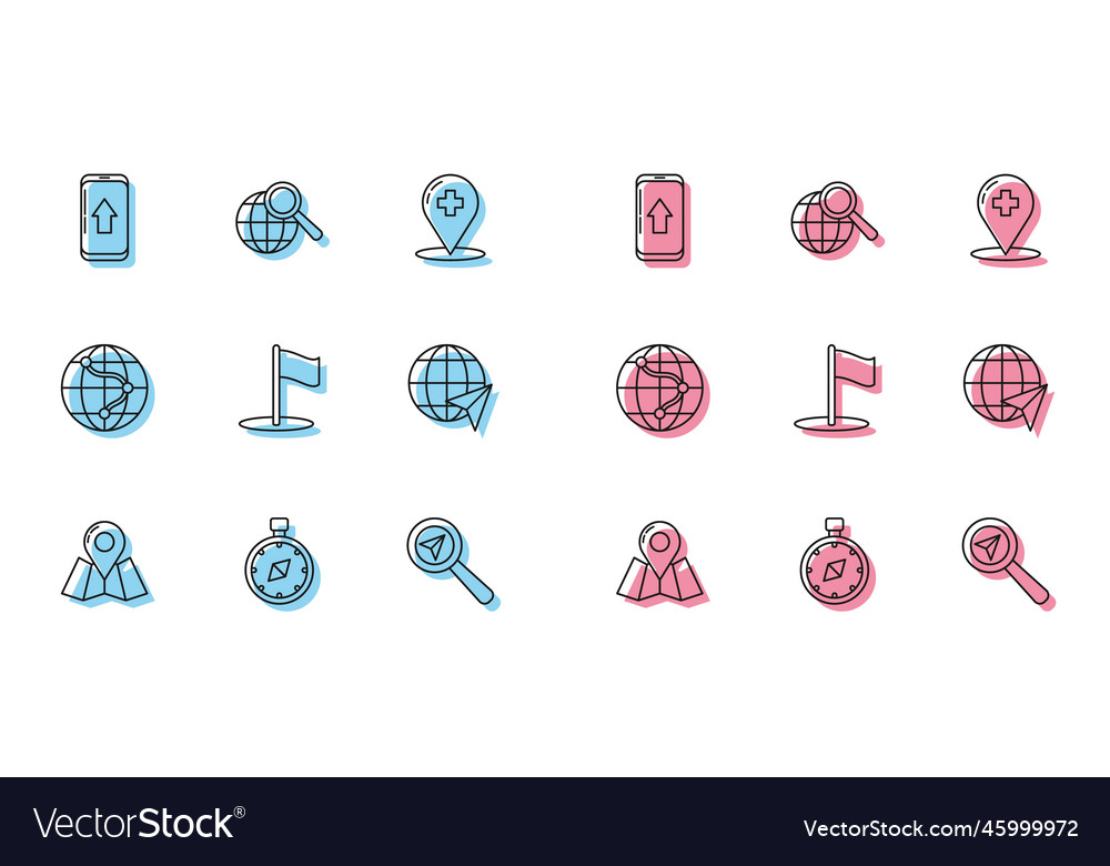 Set line folded map with location marker compass vector image Set line folded map with location marker compass