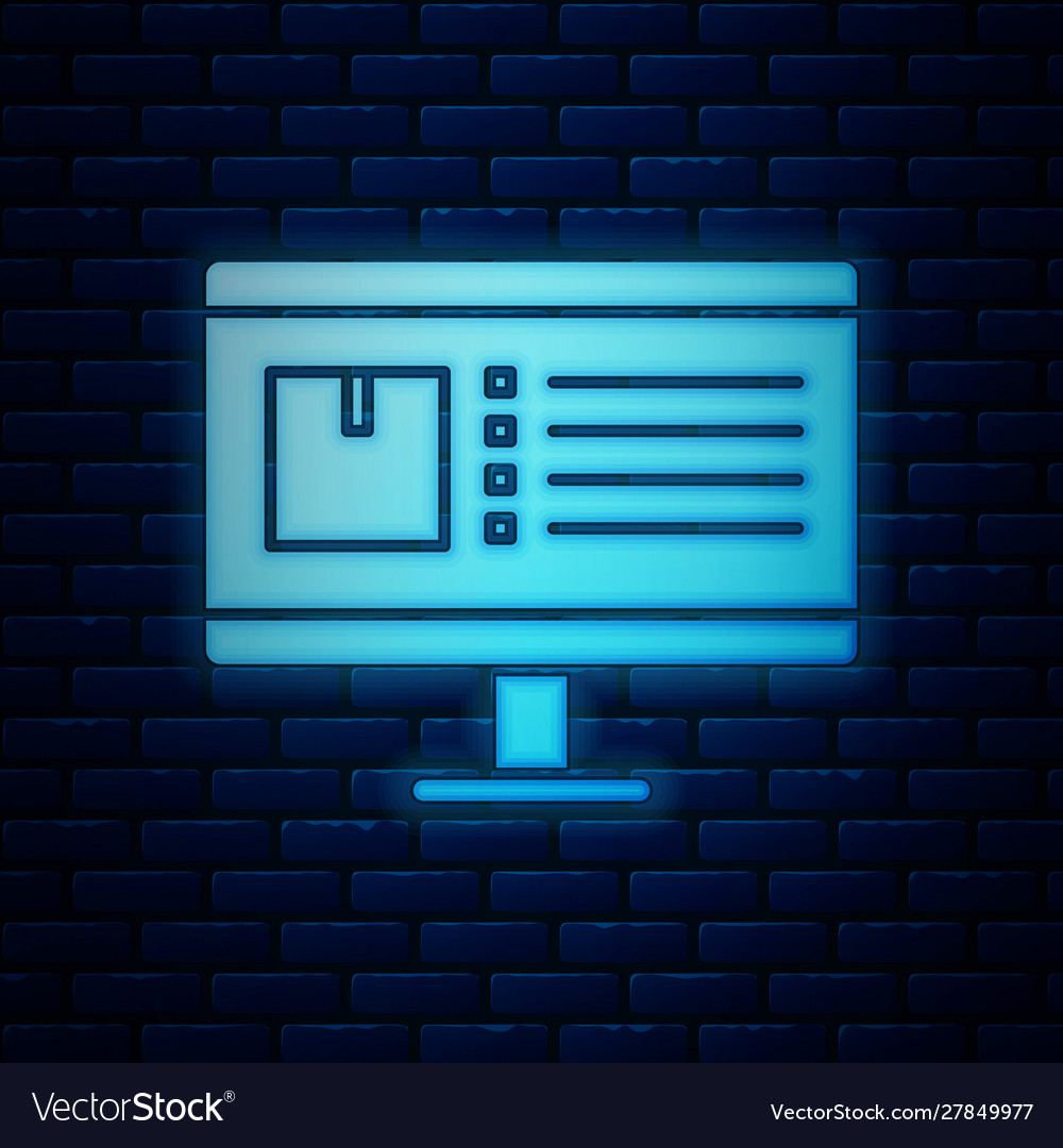 Glowing neon computer monitor with app delivery vector image Glowing neon computer monitor with app delivery