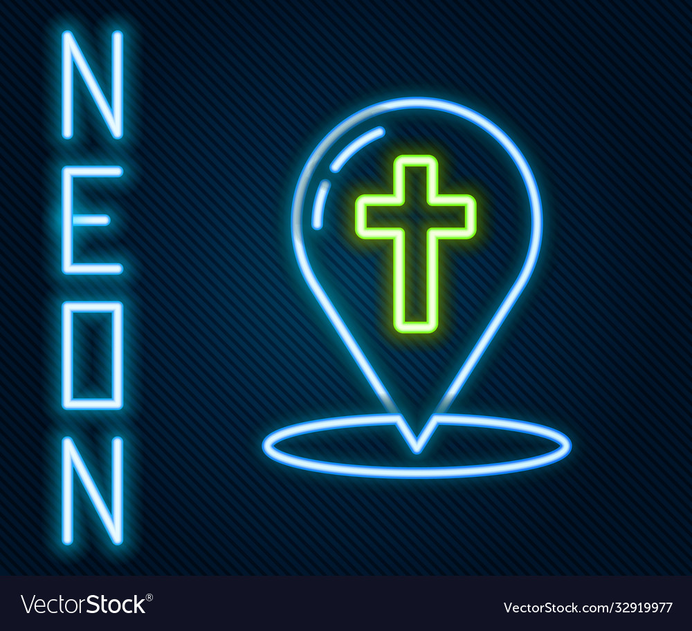 Glowing neon line map pointer with christian cross vector image Glowing neon line map pointer with christian cross