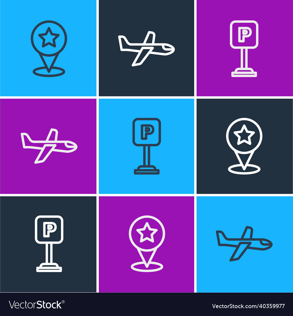Set line map pointer with star parking and plane vector image Set line map pointer with star parking and plane