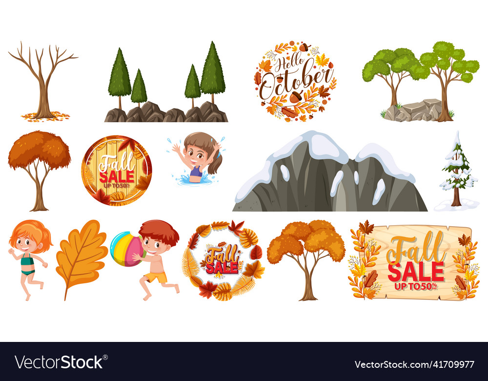 Set of four seasons trees and nature objects