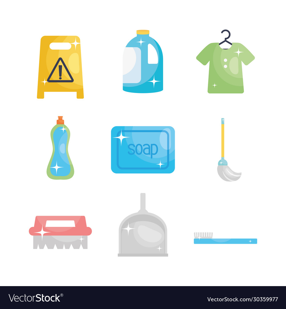 Warning floor sign and cleaning tools icon set