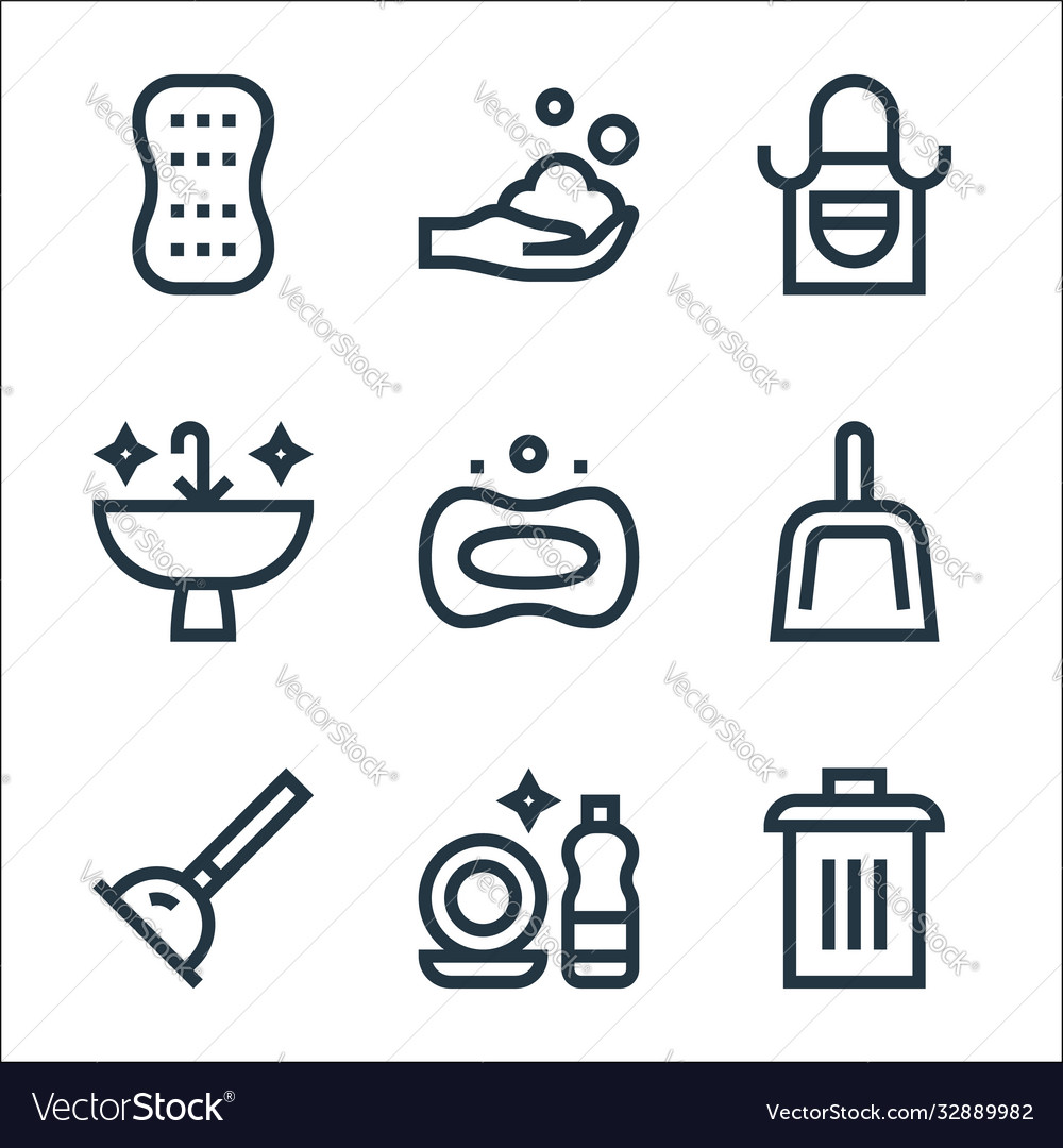 Cleaning line icons linear set quality