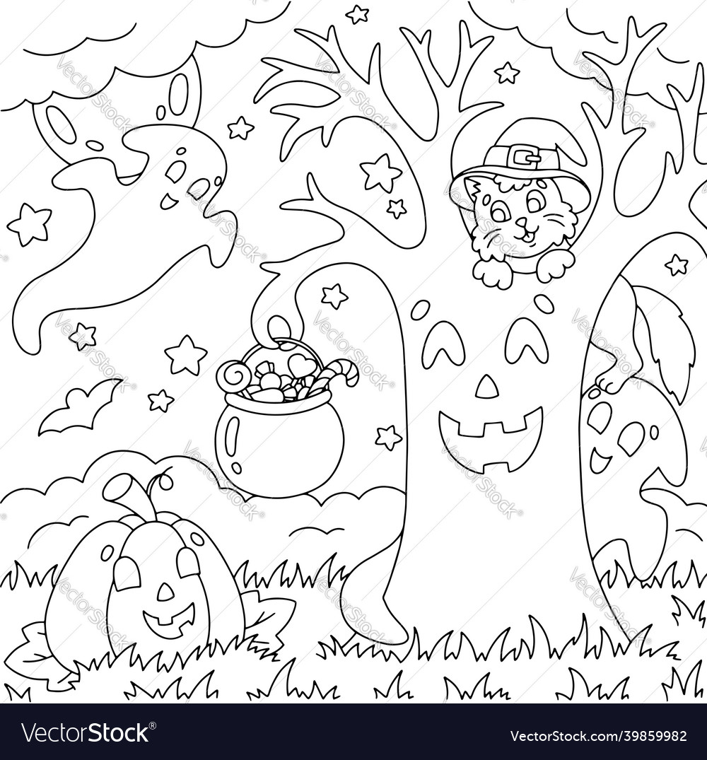 Meeting of friends cat pumpkin ghost magic tree