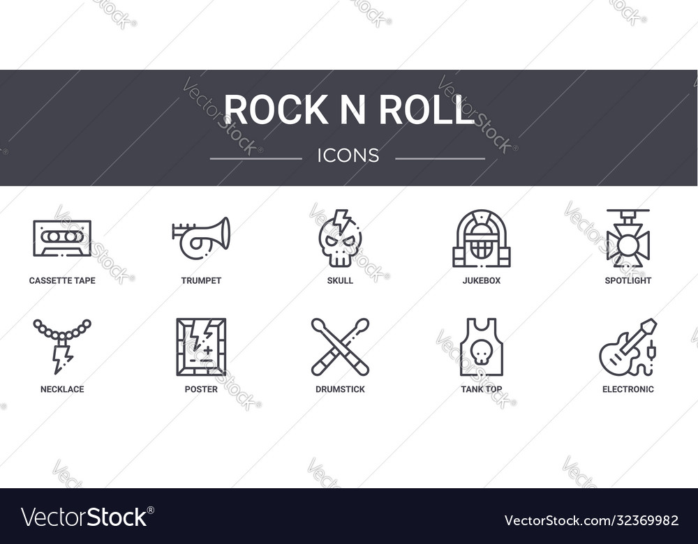 Rock n roll concept line icons set contains vector image Rock n roll concept line icons set contains