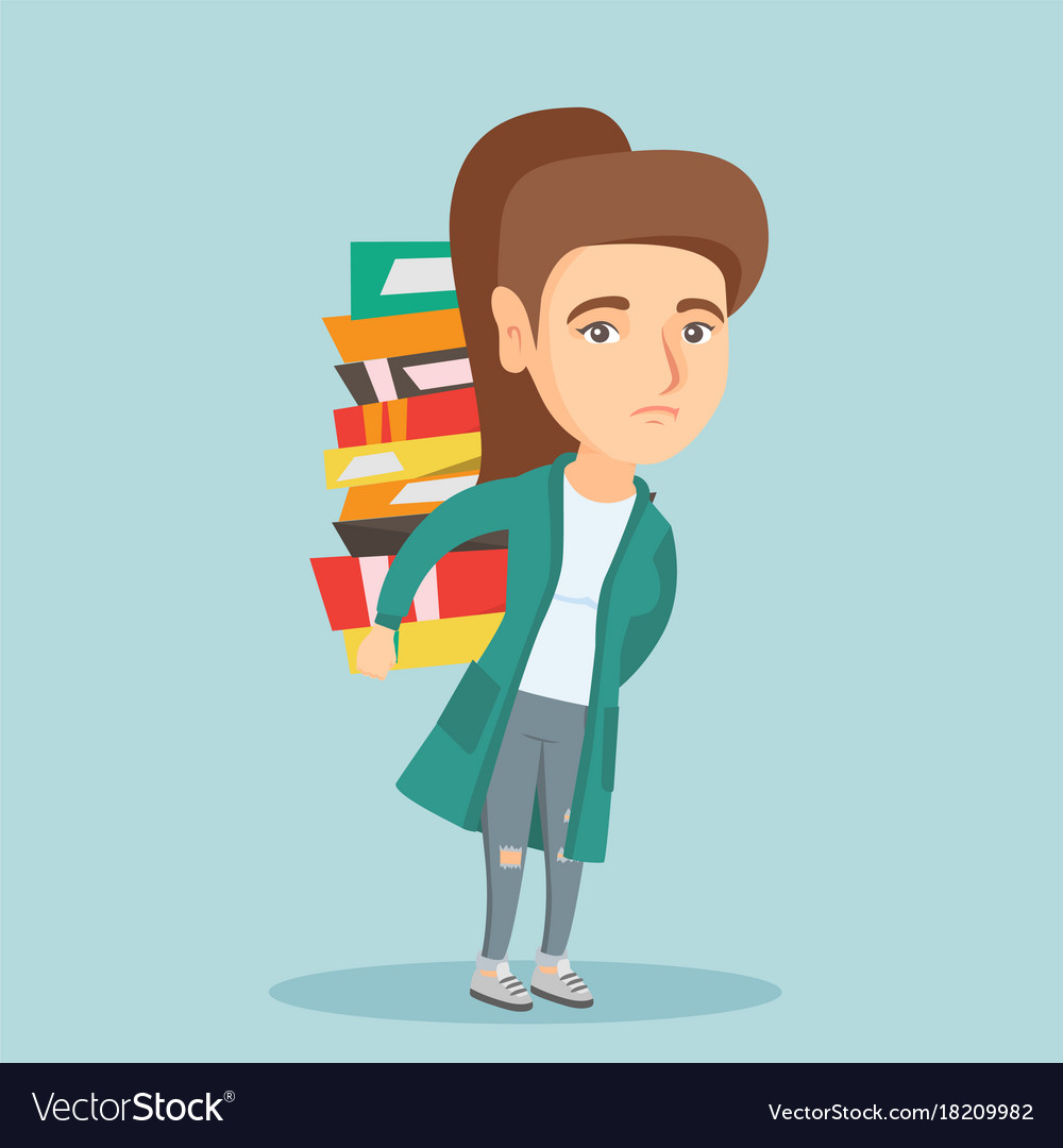 Student carrying a heavy pile books on back Vector Image