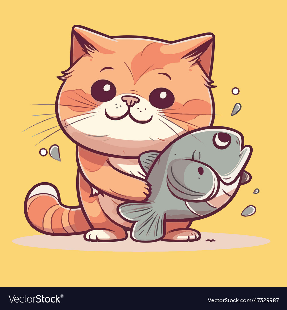 Cute cat hug fish cartoon icon Royalty Free Vector Image