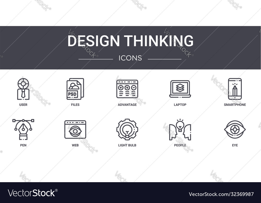 Design thinking concept line icons set contains