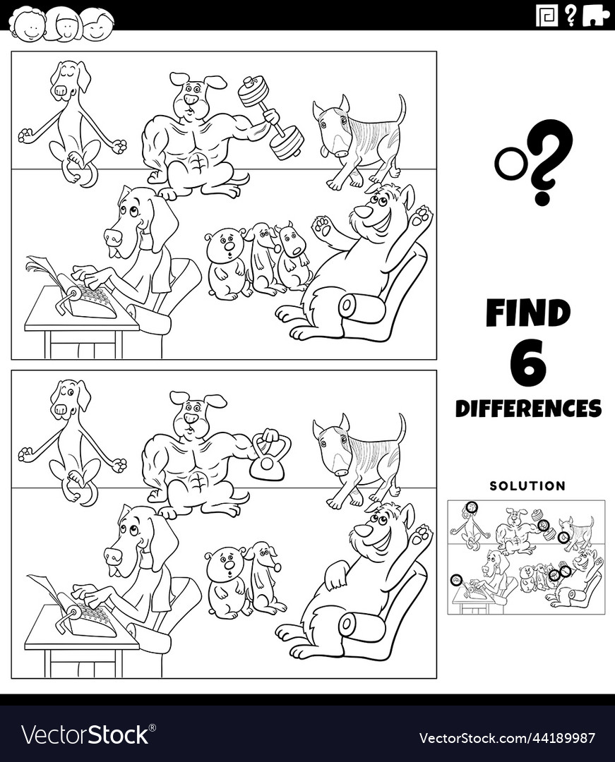 Differences game with cartoon dogs coloring page Vector Image