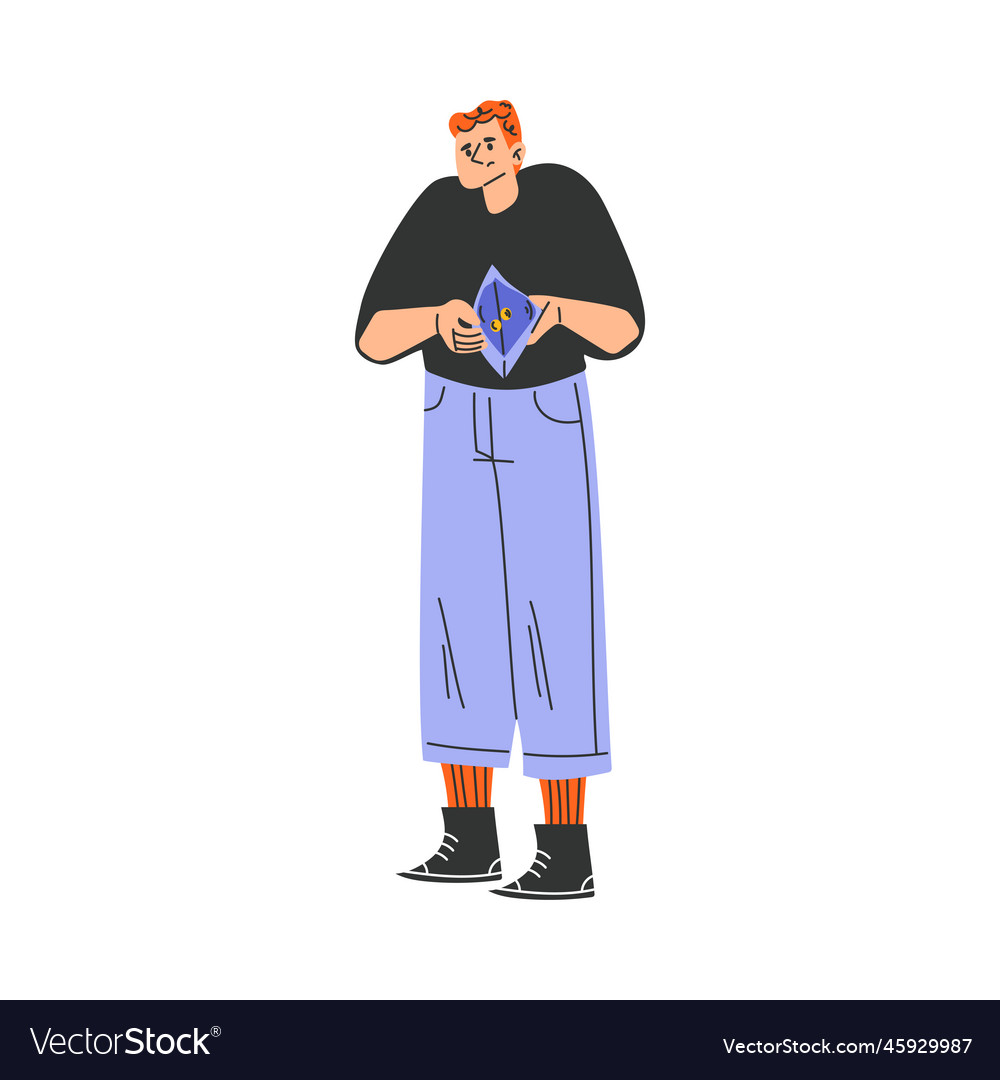 Poor man character with empty wallet having