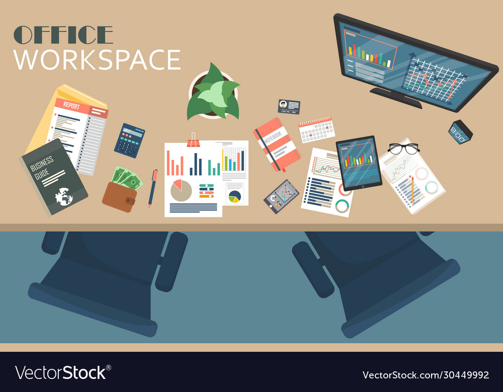 Business workspace top view office objects vector image Business workspace top view office objects