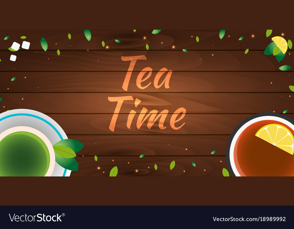 Tea poster cup of with lemon wooden