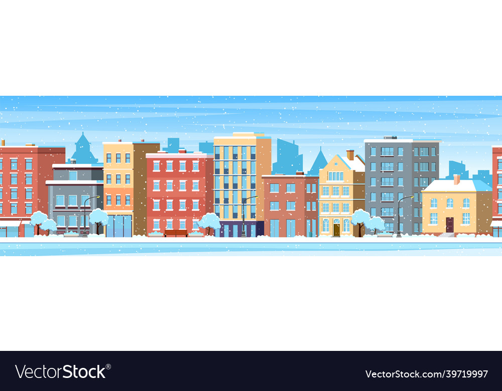 City building houses winter street cityscape vector image City building houses winter street cityscape