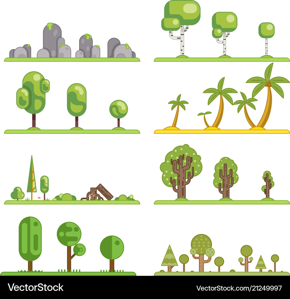 Mobile game tree icons set forest nature landscape