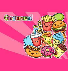 Set cute kawaii fast food meal Royalty Free Vector Image