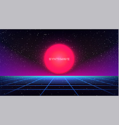 Synthwave sunset background virtual 3d landscape Vector Image