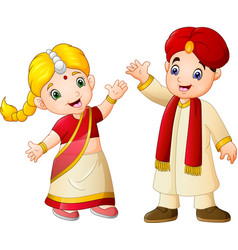 Cartoon indian couple wearing traditional costumes