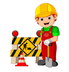 Worker with construction sign Royalty Free Vector Image
