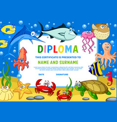 Education diploma with cartoon underwater animals Vector Image