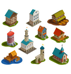 Medieval royal castle isometric set Royalty Free Vector