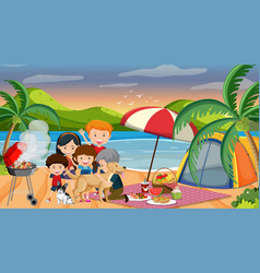 Picnic scene with happy family at beach Royalty Free Vector