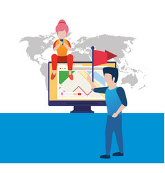 Young couple using smartphone and desktop Vector Image