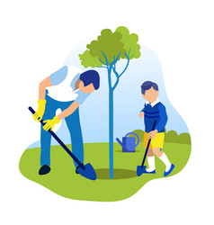 Father And Son Watering Plants In The Garden Vector Image