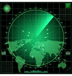 Blue radar screen with planes and world map Vector Image
