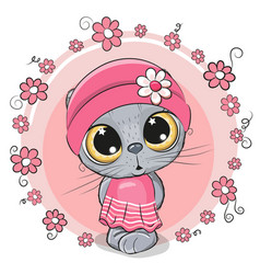 Greeting card kitten with flowers on a gray Vector Image