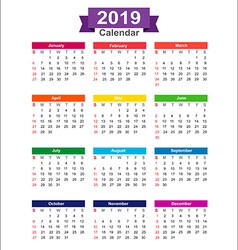 2019 calendar week start sunday Royalty Free Vector Image