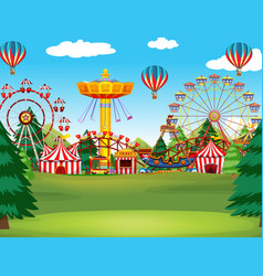 Themepark Scene With Many Rides At Day Time Vector Image