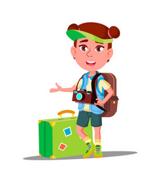 Little traveler boy with suitcase cap on his head Vector Image