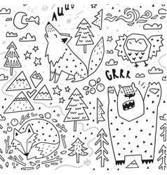 Black and white hand drawn doodle animals seamless
