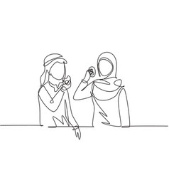 Single continuous line drawing young arab couple Vector Image