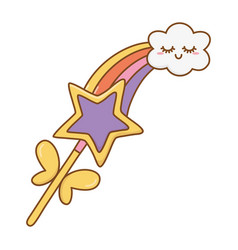 Magic wand with cloud and rainbow round frame Vector Image