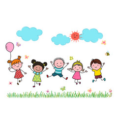 Happy kids jumping together during a sunny day Vector Image